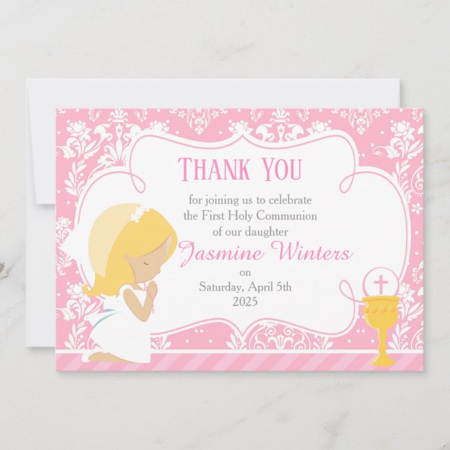Blonde Girl First Communion Damask Dankeskarte (Vorderseite)
