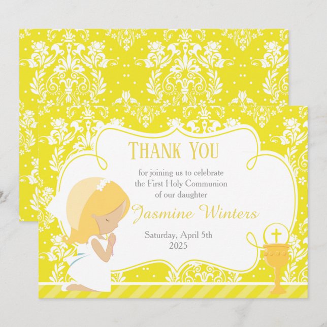 Blonde Girl First Communion Damask Dankeskarte (Vorne/Hinten)
