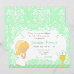 Blonde Girl First Communion Damask Einladung
