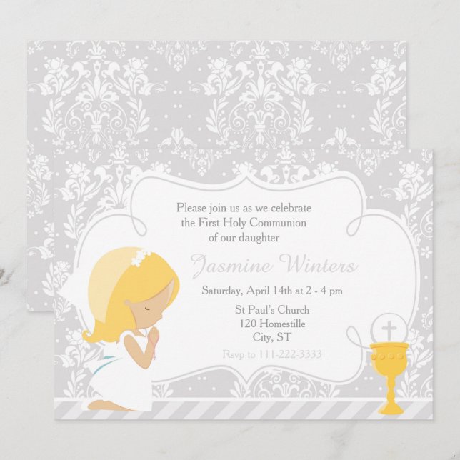 Blonde Girl First Communion Damask Einladung (Vorne/Hinten)