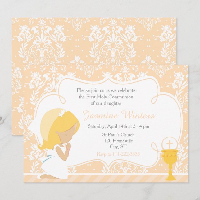 Blonde Girl First Communion Damask Einladung (Vorne/Hinten)