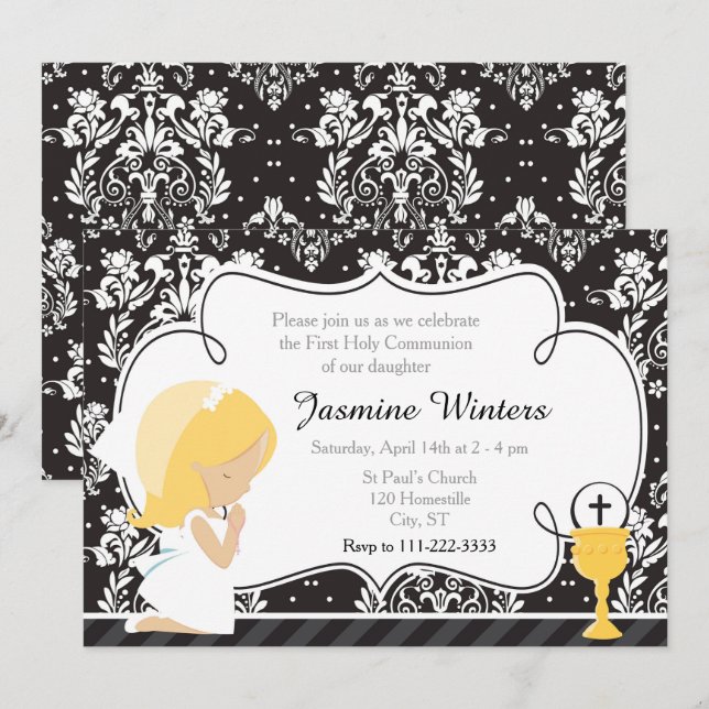 Blonde Girl First Communion Damask Einladung (Vorne/Hinten)