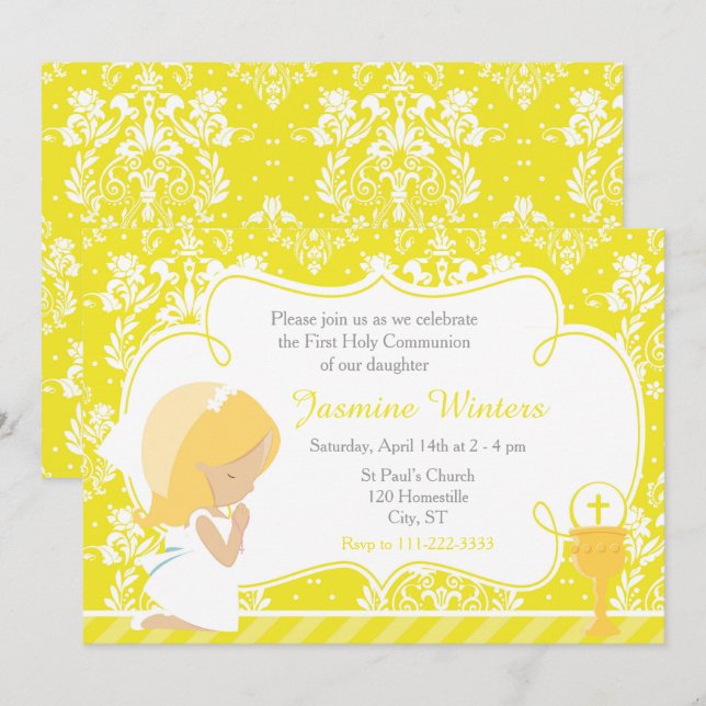 Blonde Girl First Communion Damask Einladung (Vorne/Hinten)