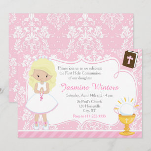 Blonde Girl First Communion Damask Einladung