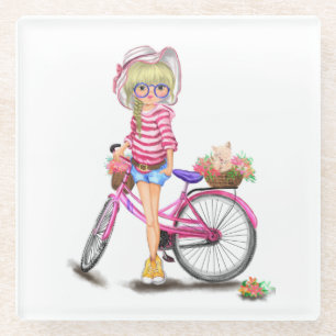 Blonde Girl Glass Untersetzer mit rosa Bike