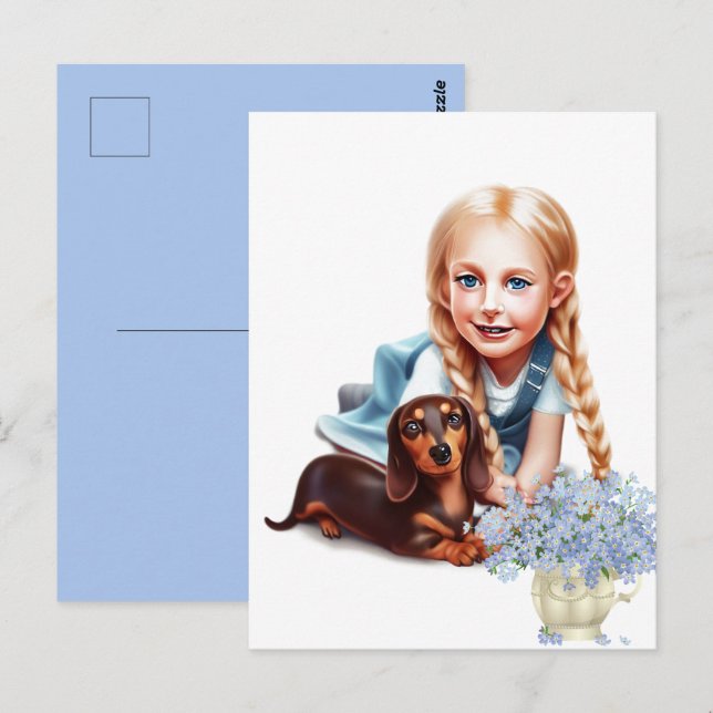 Blonde Girl mit Dackel Puppy Postkarte (Vorne/Hinten)
