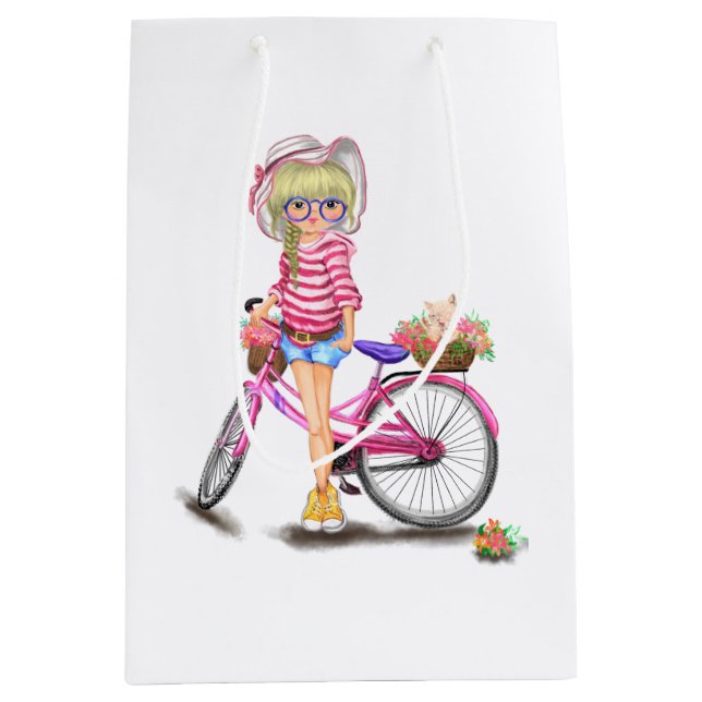 Blonde Girl mit rosa Bike Geschenktüte (Vorderseite)