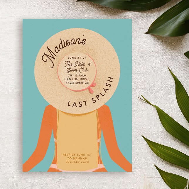 Blonde Girl Palm Springs Bachelorette Pool Party Einladung (blonde hair and tan skin girl wearing a beach hat - bachelorette pool party invitation)