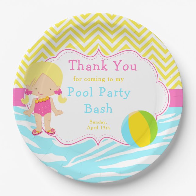 Blonde Girl Pool Party Bash Party Pappteller (Vorderseite)