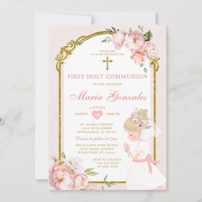 Blonde Girl Praying Floral First Heilige Kommune Einladung (Vorderseite)