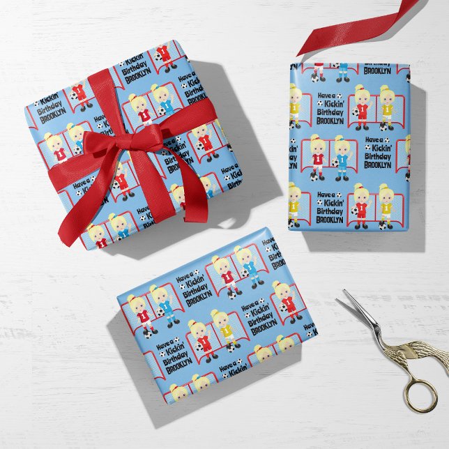 Blonde Girl Soccer Personalisiert Geschenkpapier Set (Von Creator hochgeladen)