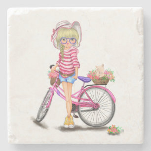 Blonde Girl Stone Untersetzer mit rosa Bike