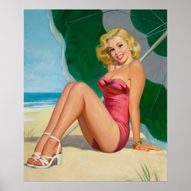 Blonde Girl Under Beach Umbrella Button Up Poster (Vorne)