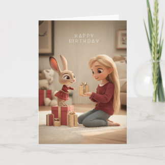 Blonde Giving Bunny in Red Dress Birthday Gift Karte