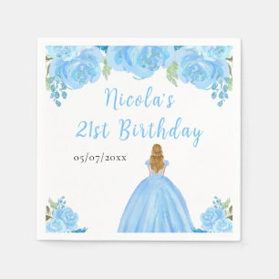 Blonde-Haar-Prinzessin Blaue Blumige Geburtstagsfe Serviette