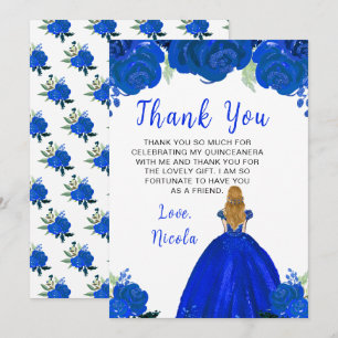 Blonde-Haar-Prinzessin Blaue Florale Quinceanera Dankeskarte