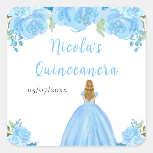 Blonde-Haar-Prinzessin Blaue Florale Quinceanera Quadratischer Aufkleber