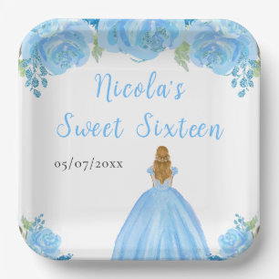 Blonde-Haar-Prinzessin Blaues Blumen-Sweet Sixteen Pappteller