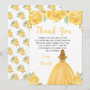 Blonde-Haar-Prinzessin Gold Blumen Quinceanera Dankeskarte
