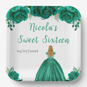 Blonde-Haar-Prinzessin Grüne Blumen Sweet Sixteen  Pappteller