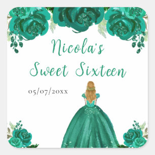 Blonde-Haar Prinzessin Grüne Blumen Sweet Sixteen  Quadratischer Aufkleber