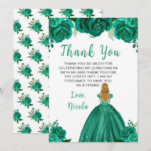 Blonde-Haar-Prinzessin Grüne Florale Quinceanera Dankeskarte