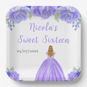 Blonde-Haar-Prinzessin Lila Blumen Sweet Sixteen  Pappteller