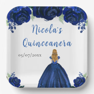 Blonde-Haar-Prinzessin Navy-Blumen-Quinceanera Pappteller