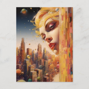 Blonde Haarbomane in einer City Postkarte