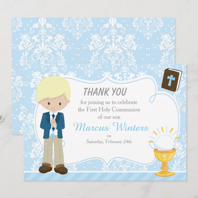 Blonde Hair Boy Erste Kommune Damask Dankeskarte (Vorne/Hinten)