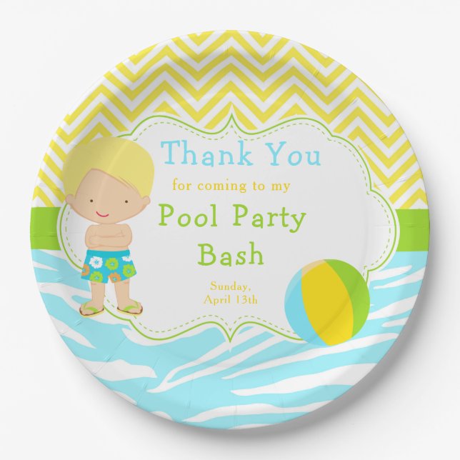 Blonde Hair Boy Pool Party Bash Party Pappteller (Vorderseite)