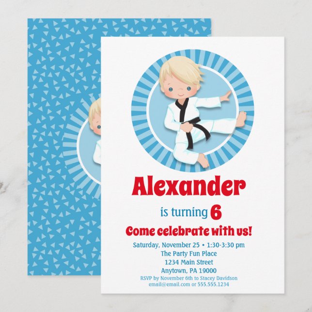 Blonde Hair Karate Judo Boys Invitation Anniversai (Devant / Derrière)