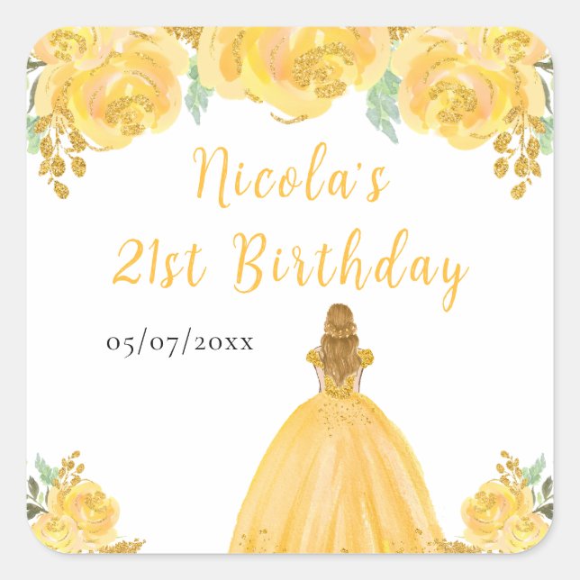 Blonde Hair Princess Gold Floral Birthday Party Quadratischer Aufkleber (Vorderseite)