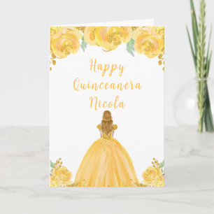 Blonde Hair Princess Gold Floral Quinceanera Karte