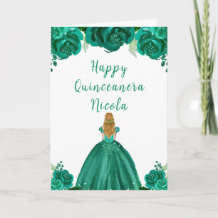 Blonde Hair Princess Green Floral Quinceanera Karte