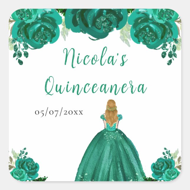 Blonde Hair Princess Green Floral Quinceanera Quadratischer Aufkleber (Vorderseite)