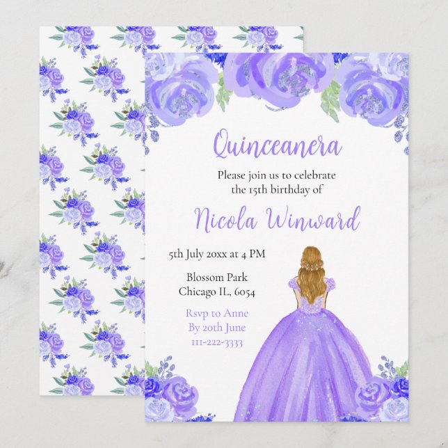 Blonde Hair Princess Lila Floral Quinceanera Einladung (Vorne/Hinten)