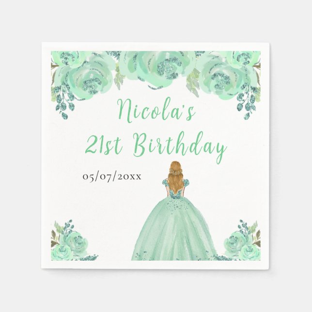 Blonde Hair Princess Mint Floral Birthday Party Serviette (Vorderseite)