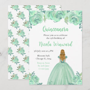 Blonde Hair Princess Minze Floral Quinceanera Einladung