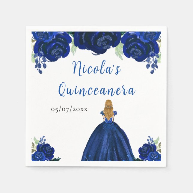 Blonde Hair Princess Navy Floral Quinceanera Serviette (Vorderseite)