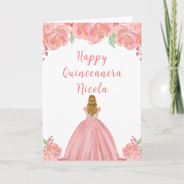Blonde Hair Princess Pink Floral Quinceanera Karte (Vorderseite)