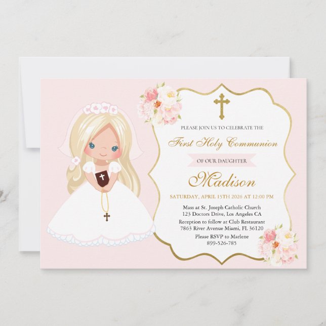 Blonde haired Girl First Communion Soft Pink Einladung (Vorderseite)
