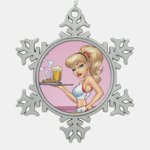 Blonde Kellnerin-Umhüllungs-Platte der Nahrung un Schneeflocken Zinn-Ornament