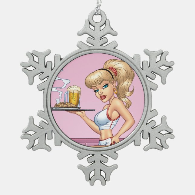 Blonde Kellnerin-Umhüllungs-Platte der Nahrung und Schneeflocken Zinn-Ornament (Vorderseite)