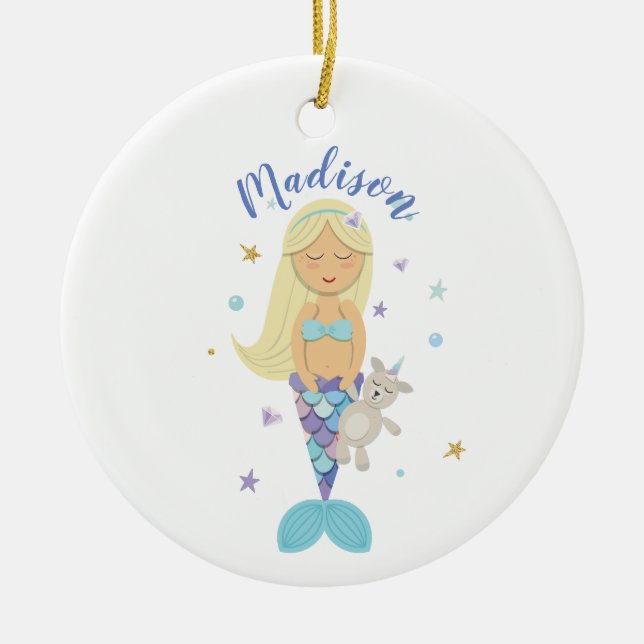 Blonde kleine Meerjungfrau-Verzierung Keramik Ornament (Vorne)