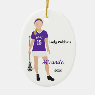 Blonde Lacrosse Player, Lila und weiß Keramik Ornament