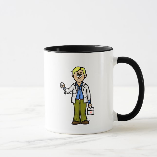 Blonde männliche Ärztin mit medizinischer Tasse (Rechts)