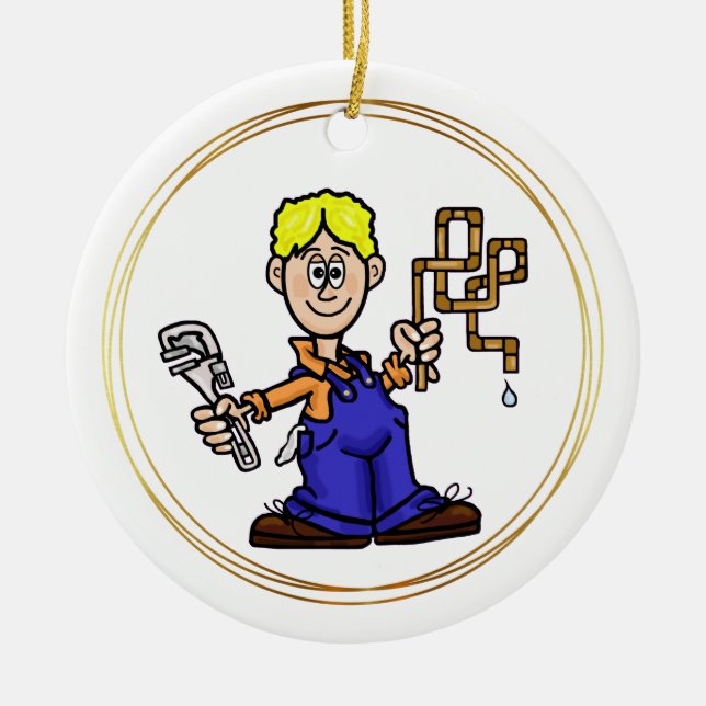 Blonde männliche Klempner mit Kupferrohren zum Orn Keramik Ornament (Vorne)