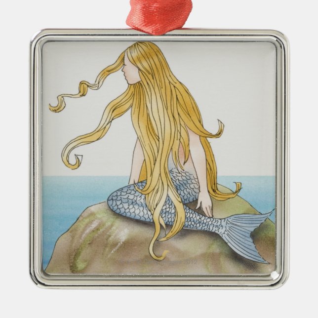 Blonde Meerjungfrau, die auf Seefelsen, Ornament Aus Metall (Vorne)
