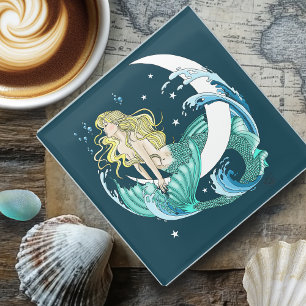Blonde Meerjungfrau Halbmond Fantasy Art Deco Glasuntersetzer